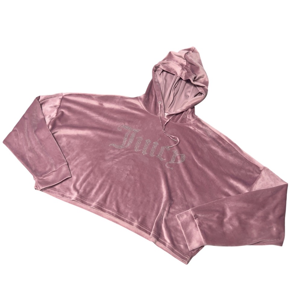 Juicy Couture Y2K Velour Hoodie Women XL Pink Rhinestone Logo Cropped Sweatshirt